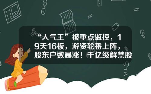 “人气王”被重点监控，19天16板，游资轮番上阵，股东户数暴涨！千亿级解禁股名单出炉，光伏组件龙头压力最大-股票看哪个资讯
