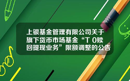 上银基金管理有限公司关于旗下货币市场基金“T+0赎回提现业务”限额调整的公告-货币基金提现
