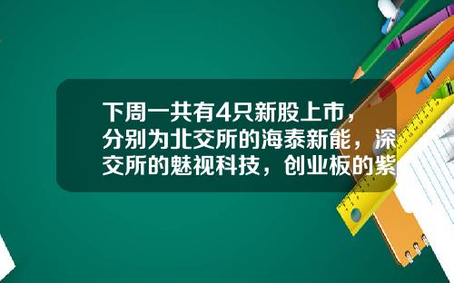 下周一共有4只新股上市，分别为北交所的海泰新能，深交所的魅视科技，创业板的紫建电子和工大科雅-东方资讯有哪些股票上市