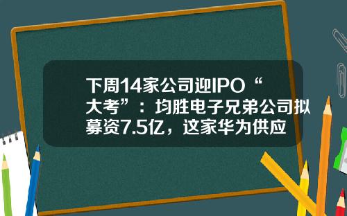 下周14家公司迎IPO“大考”：均胜电子兄弟公司拟募资7.5亿，这家华为供应商亮相-深圳市万年青投资发展有限公司