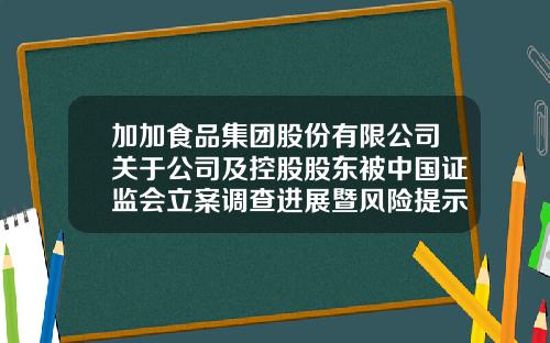 加加食品集团股份有限公司关于公司及控股股东被中国证监会立案调查进展暨风险提示的公告-加加集团股份有限公司