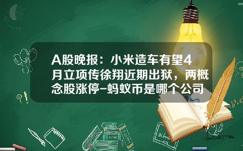 A股晚报：小米造车有望4月立项传徐翔近期出狱，两概念股涨停-蚂蚁币是哪个公司的【新闻】
